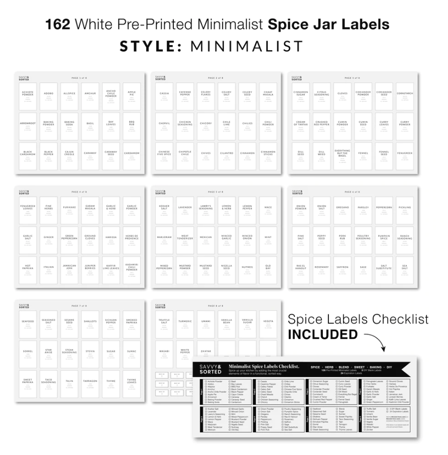 459 Minimalist Spice Label Set, White Text on Black Vinyl